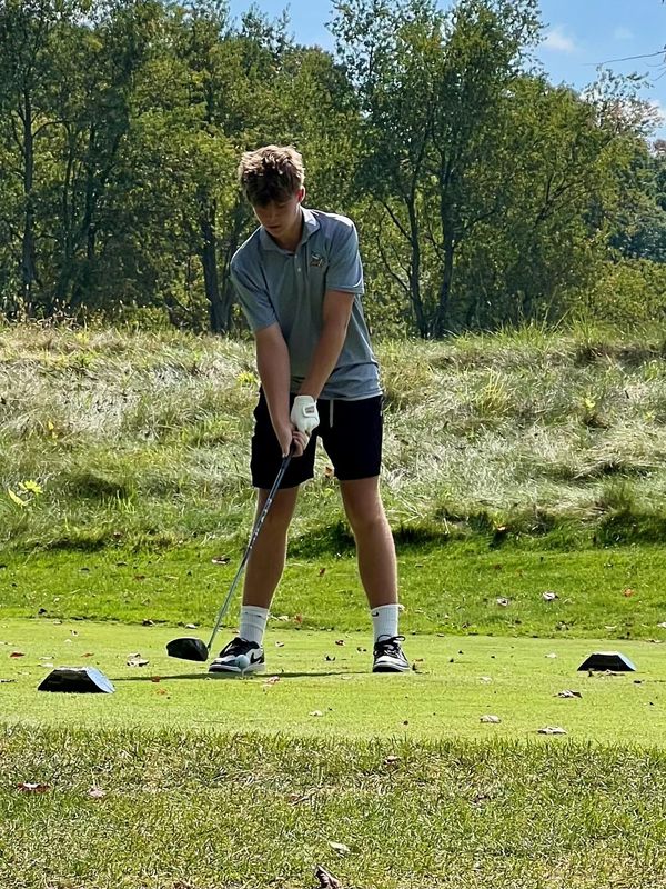 River valley's Leyton Thrush addresses the ball before a tee shot at the fourth and final Mid Ohio Athletic Conference in-season boys golf tournament Sept. 17, 2025, at Deer Ridge Golf Course in Bellville.