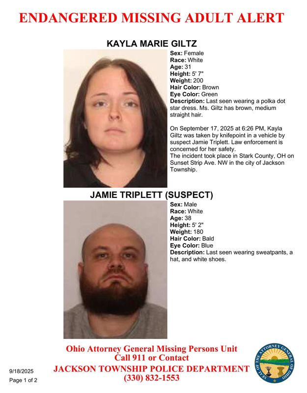Jackson Township police issued a missing persons alert for a woman who was taken by knifepoint on Sept. 17.