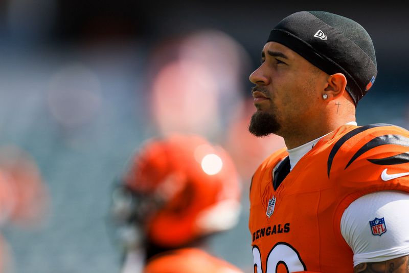 Sep 14, 2025; Cincinnati, Ohio, USA; Cincinnati Bengals running back Chase Brown (30) stands on the field during warmups before the game against the Jacksonville Jaguars at Paycor Stadium. Mandatory Credit: Katie Stratman-Imagn Images