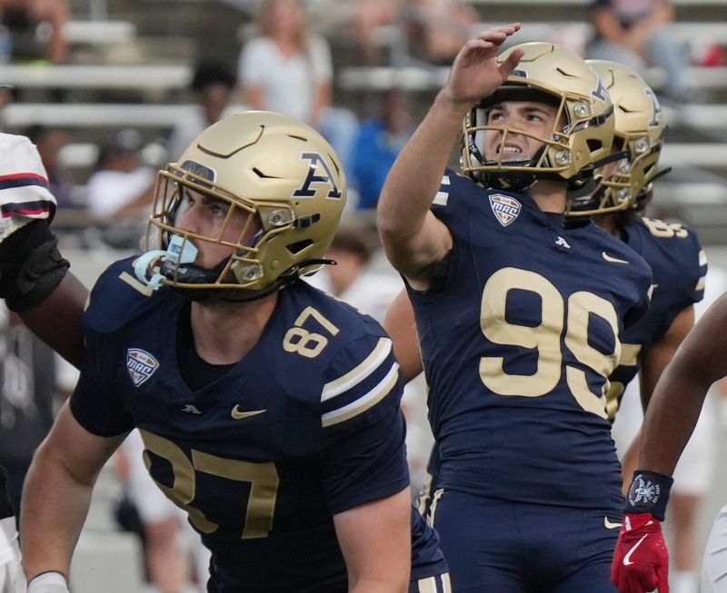 University of Akron tight end Max Whisner (87) watches with kicker Owen Wiley (99) as his field goal attempt is good during the first half against Duquesne at InfoCision Stadium in Akron on Sept. 20, 2025.