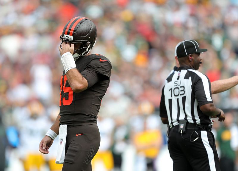 Cleveland Browns quarterback Joe Flacco (15) reacts after an offensive penalty was called in the red zone during the second half of an NFL football game against the Green Bay Packers at Huntington Bank Field, Sept. 21, 2025, in Cleveland, Ohio.