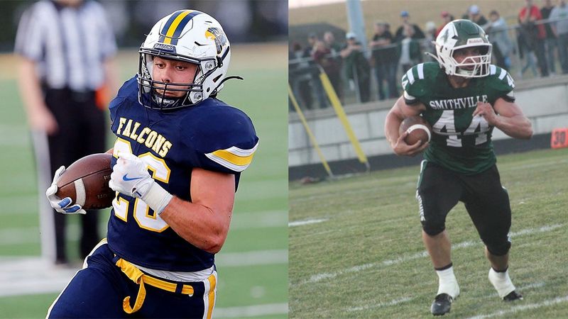 Hillsdale running back Owen Sloan and Smithville running back Mason Haines.