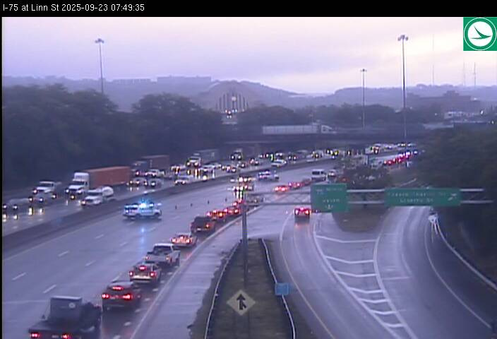 One lane is open after a crash shut down I-75 North in downtown Cincinnati on Tuesday, Sept. 23, 2025.