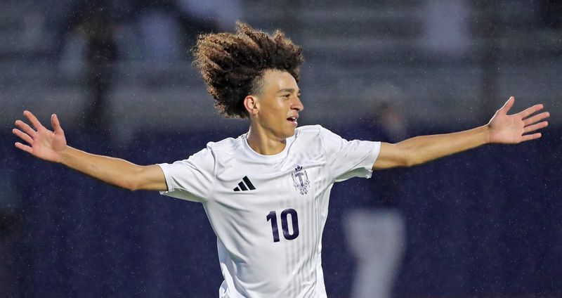 Twinsburg’s Mario Sanders celebrates his goal against Solon during the first half of a high school soccer match, Sept. 24, 2025, in Solon, Ohio.