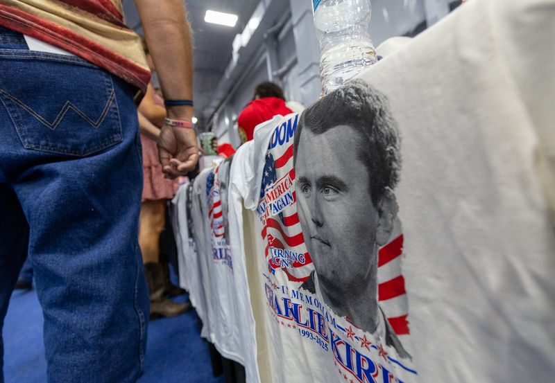 Charlies Kirk merchandise is shown during the 23rd annual Ronald Reagan Black Tie and Blue Jeans BBQ on Sept. 25, 2025, in Alachua.