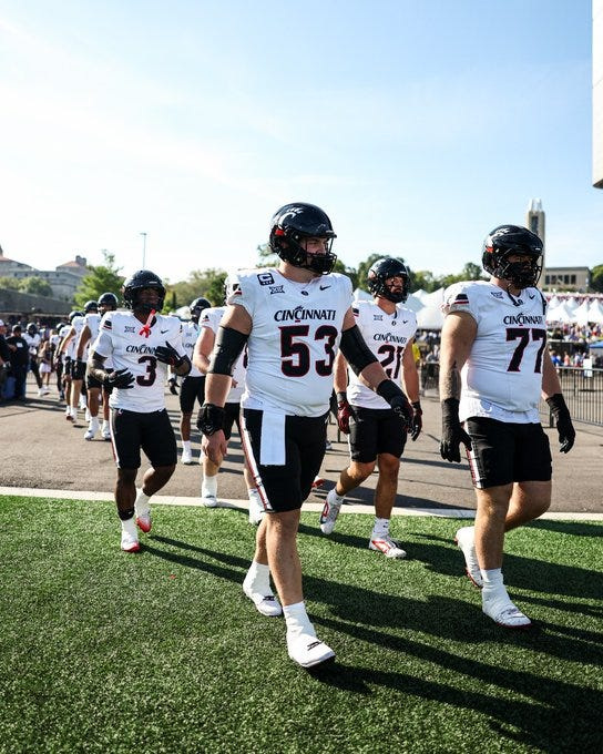 Cincinnati Bearcats offensive linemen Gavin Gerhardt and Taran Tyo take the field at Kansas Sept. 27.