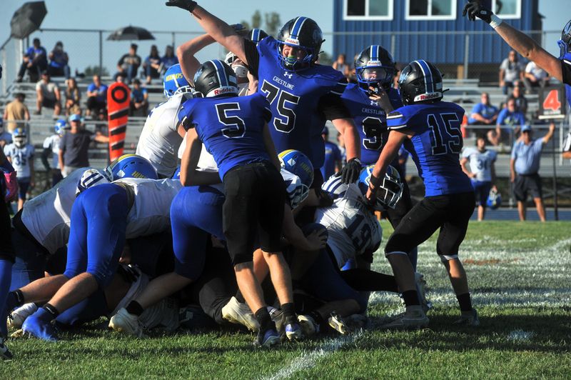 Crestline's Brett Cheney signals Bulldogs ball after a fumble.