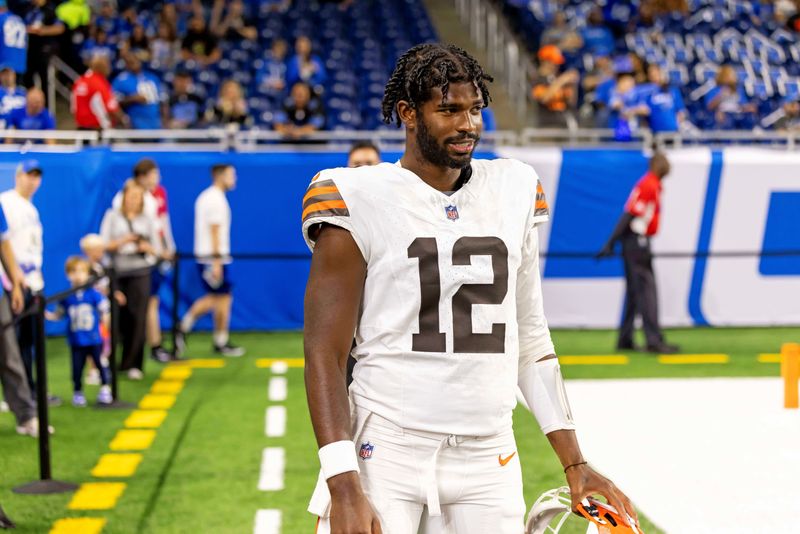 Sep 28, 2025; Detroit, Michigan, USA; Cleveland Browns quarterback Shedeur Sanders (12) warms up before the game against the Detroit Lions at Ford Field. Mandatory Credit: David Reginek-Imagn Images