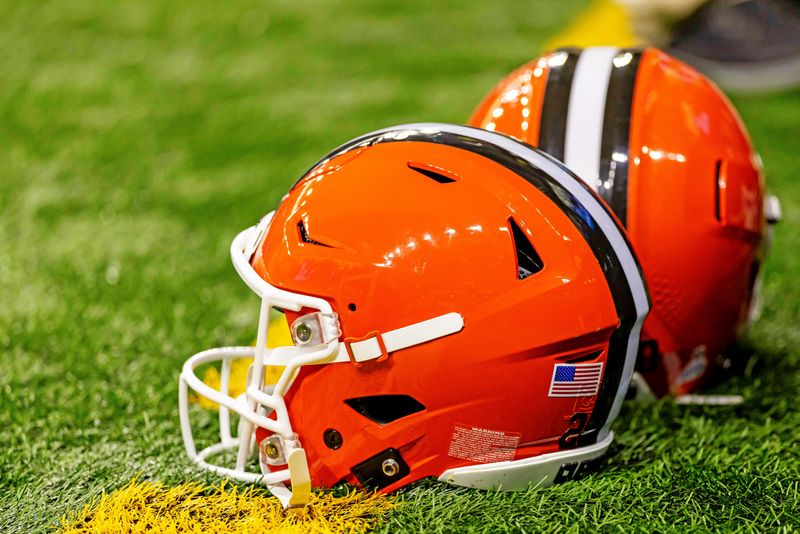 Sep 28, 2025; Detroit, Michigan, USA; A general view of the Cleveland Browns helmets on the field before the game against the Detroit Lions at Ford Field. Mandatory Credit: David Reginek-Imagn Images