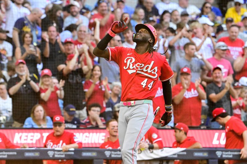Elly De La Cruz celebrates as he rounds the bases after hitting a solo home run to get the Reds on the scoreboard first in the Sept. 28 season-finale against the Milwaukee Brewers at American Family Field.