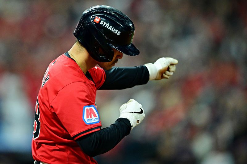 Guardians outfielder Steven Kwan celebrates after hitting a fifth-inning RBI double against the New York Yankees in Game 5 of the ALCS, Oct. 19, 2024, in Cleveland.