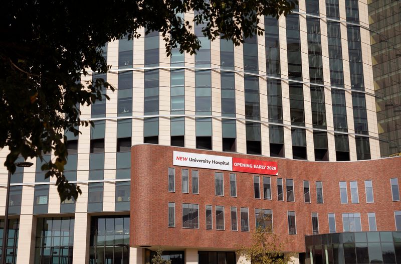 The new "University Hospital" sign is covered up at The Ohio State University Wexner Medical Center on September 29, 2025.