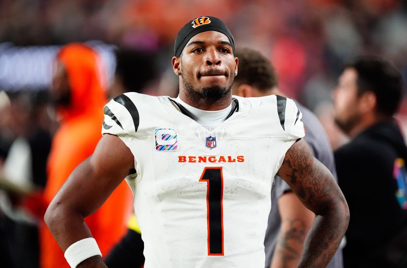 Sep 29, 2025; Denver, Colorado, USA; Cincinnati Bengals wide receiver Ja'Marr Chase (1) looks on after the game against the Denver Broncos at Empower Field at Mile High. Mandatory Credit: Ron Chenoy-Imagn Images