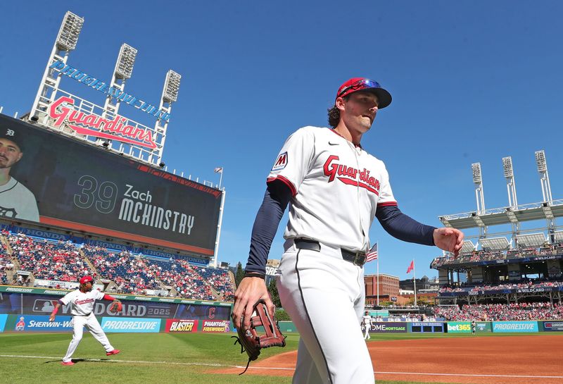 Guardians center fielder Chase DeLauter heads back to the dugout before Game 2 of the American League wild card series, Oct. 1, 2025, in Cleveland.