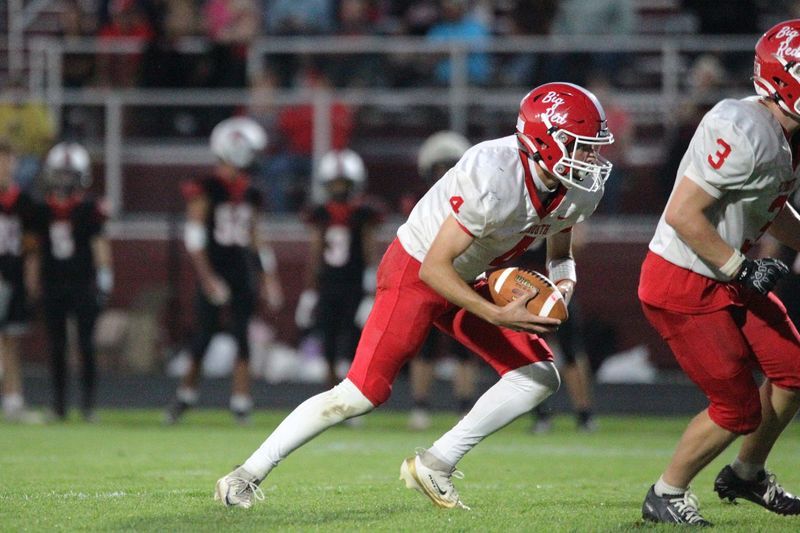 Plymouth's Lincoln Distl carries the ball during a 20-12 win over New London in Week 7 of the 2025 season.