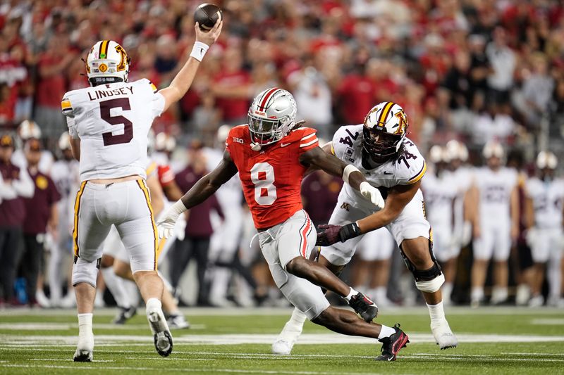Ohio State linebacker Arvell Reese pressures Minnesota quarterback Drake Lindsey on Oct. 4.