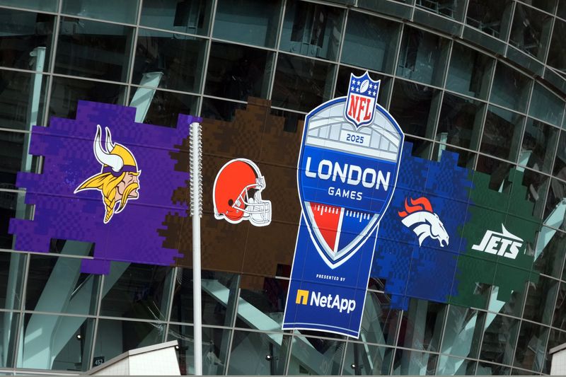 Oct 4, 2025; London, United Kingdom; A general overall view of the 2025 NFL London Games, Minnesota Vikings, Cleveland Browns, Denver Broncos and New York Jets logos on the Tottenham Hotspur Stadium facade.