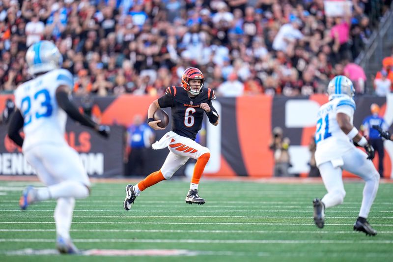 Cincinnati Bengals quarterback Jake Browning (6) runs the ball in the second quarter of the NFL Week 5 game between the Cincinnati Bengals and the Detroit Lions at Paycor Stadium in downtown Cincinnati on Sunday, Oct. 5, 2025.