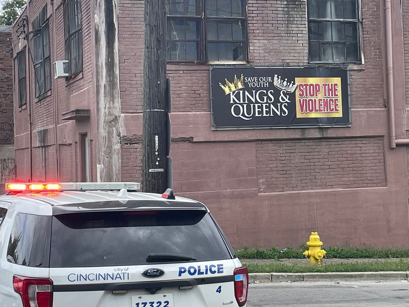 A banner calling for a stop to violence was down the block from the crime scene Oct. 6, 2025.