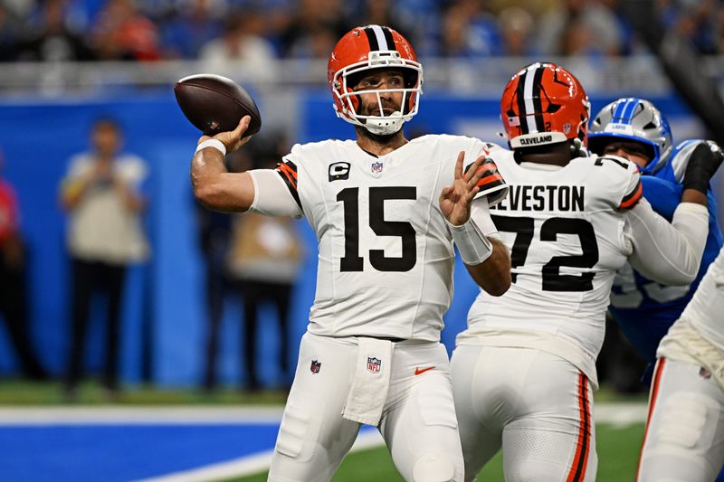 Sep 28, 2025; Detroit, Michigan, USA; Cleveland Browns quarterback Joe Flacco (15) passes the ball during the first half against the Cleveland Browns at Ford Field. Mandatory Credit: Lon Horwedel-Imagn Images