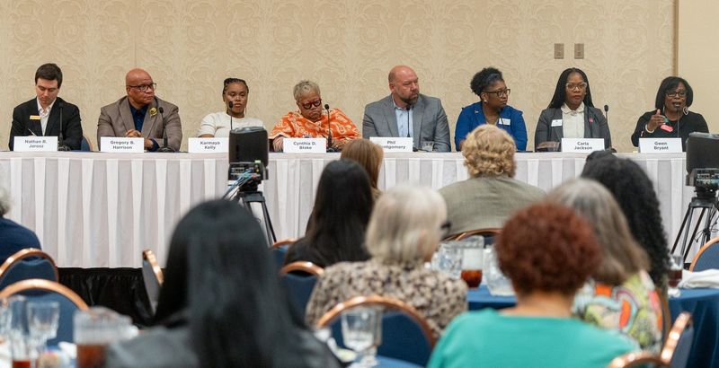 Eight candidates seeking four seats on the Akron Board of Education debate questions posed by local journalists from the Akron Beacon Journal, Ideastream Public Media and Signal Akron in Akron on Oct. 8, 2025