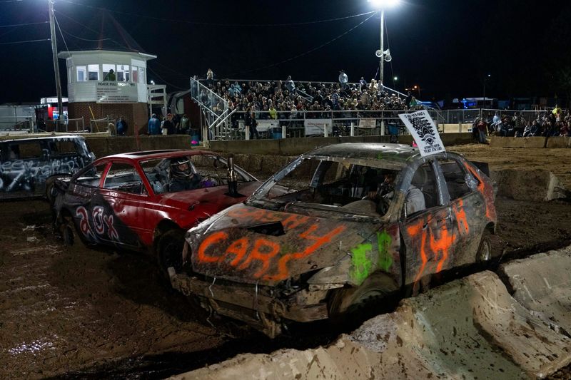Cars crash into one another during the demolition derby at the Fairfield County Fair on Oct. 10, 2025, in Lancaster, Ohio.