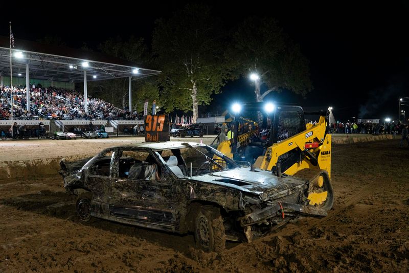 Cars crash into one another during the demolition derby at the Fairfield County Fair on Oct. 10, 2025, in Lancaster, Ohio.