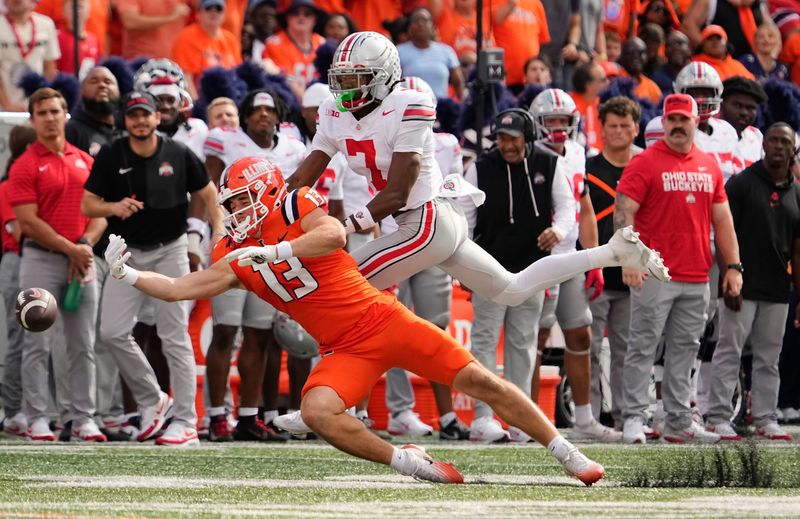 Ohio State cornerback Jermaine Mathews Jr. defends Illinois receiver Hudson Clement on Oct. 11.
