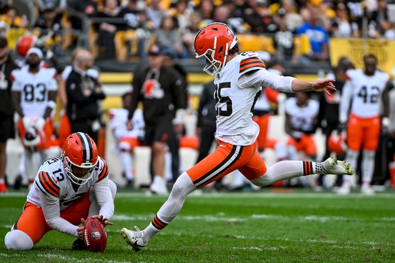 Oct 12, 2025; Pittsburgh, Pennsylvania, USA; Cleveland Browns kicker Andre Szmyt (25) attempts to kick a field goal during the second quarter at Acrisure Stadium. Mandatory Credit: Barry Reeger-Imagn Images