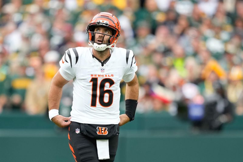 Oct 12, 2025; Green Bay, Wisconsin, USA; Cincinnati Bengals quarterback Joe Flacco (16) looks on in between plays in the second quarter against the Green Bay Packers at Lambeau Field.