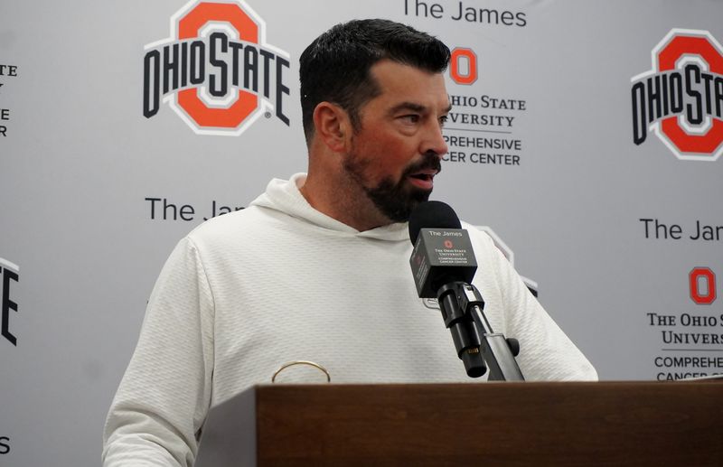 Ohio State football coach Ryan Day speaks at a press conference at the Woody Hayes Athletic Center on Oct. 7, 2025.