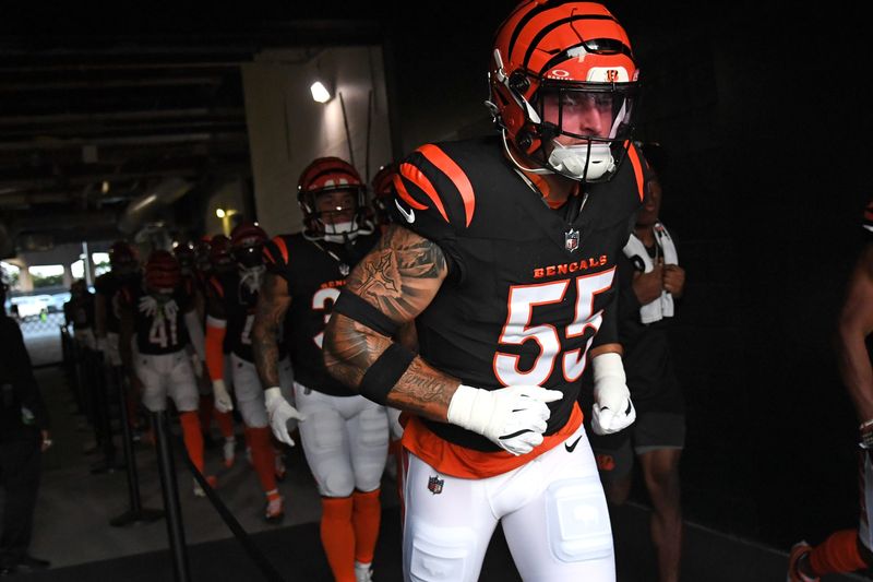 Aug 7, 2025; Philadelphia, Pennsylvania, USA; Cincinnati Bengals linebacker Logan Wilson (55) in the tunnel against the Philadelphia Eagles at Lincoln Financial Field. Mandatory Credit: Eric Hartline-Imagn Images