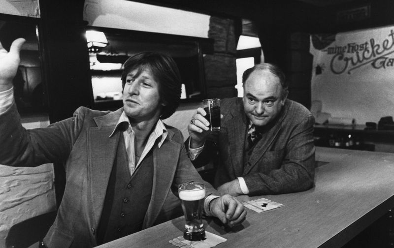 "WKRP in Cincinnati" stars Gary Sandy, left, and Gordon Jump stop for a cold one at the Cricket Restaurant in Downtown during a Cincinnati visit to promote the new CBS sitcom in November 1978, two months after "WKRP" premiered.