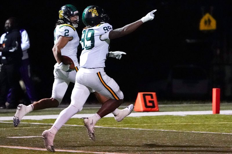 Taft Senators quarterback Josiah Pouncy (2) runs the ball to the end zone for a touchdown in the second half of a high school football game between the Aiken Falcons and Taft Senators, Friday, Oct. 17, 2025, at Arch McCartney Stadium in Western Hills. Senators won 45-0.