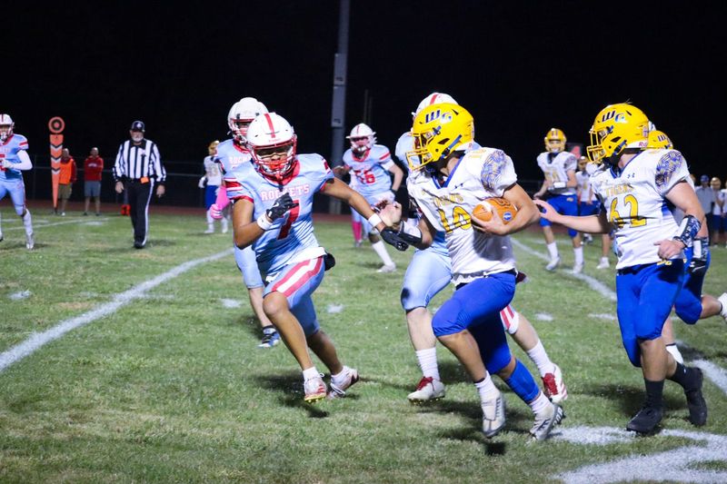 Ridgedale's Kingston McGary runs down a Waynesfield-Goshen ball carrier during a home football game Oct. 17, 2025.