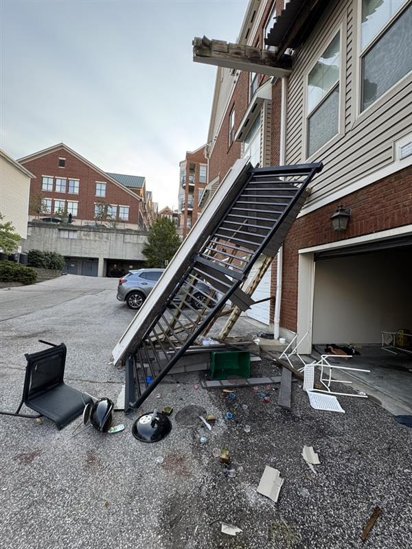 The collapsed balcony on Stetson Street in Cincinnati, Oct. 18, 2025