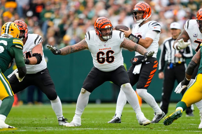 Oct 12, 2025; Green Bay, Wisconsin, USA; Cincinnati Bengals guard Dalton Risner (66) during the game against the Green Bay Packers at Lambeau Field. Mandatory Credit: Jeff Hanisch-Imagn Images