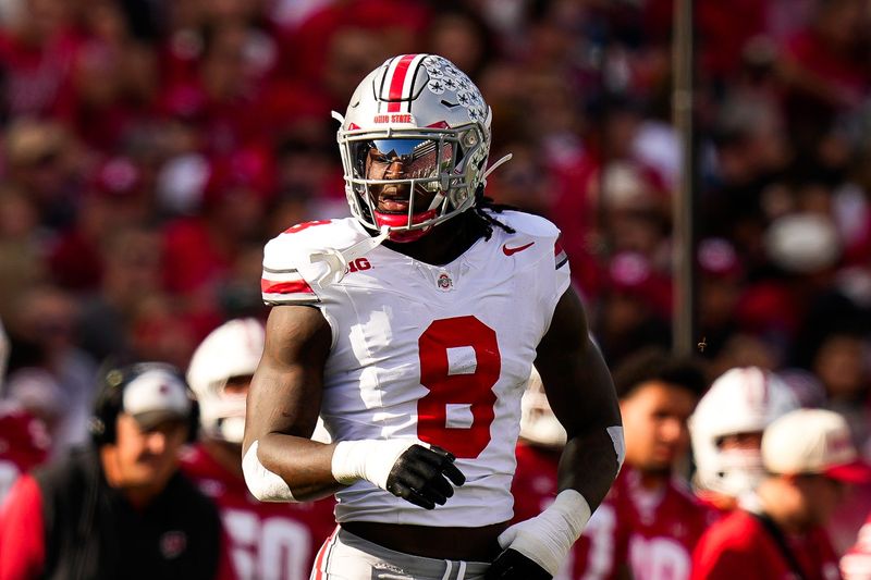 Ohio State Buckeyes linebacker Arvell Reese (8) reacts during the game against the Wisconsin Badgers at Camp Randall Stadium on Saturday, Oct. 18, 2025 in Madison, Wisconsin.
