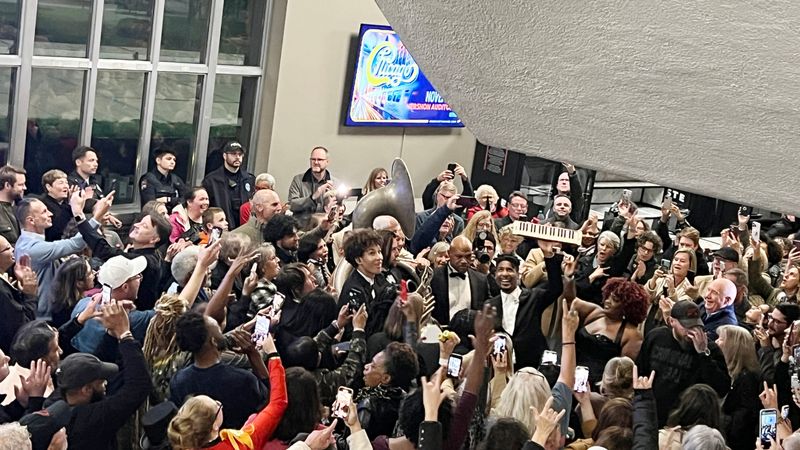 After his Oct. 22 concert in Mershon Auditorium, musician Jon Batiste and his band moved the concert to the lobby of the venue, where he continued to play for the crowd.