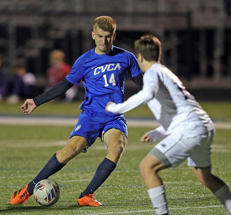 CVCA’s Nick Myers attempts a shot during the first half of a Division III district semifinal, Oct. 23, 2025, in Cuyahoga Falls, Ohio.
