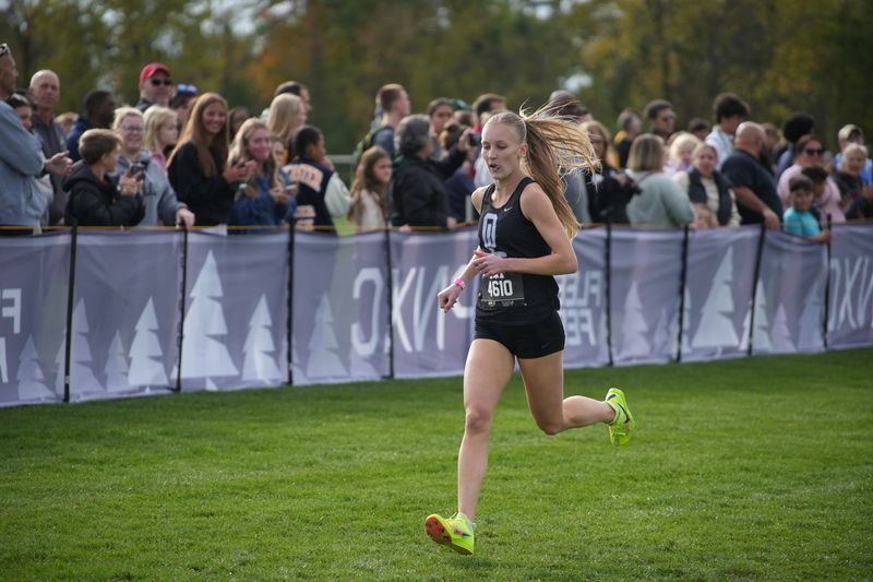 Olentangy Libery's Elena Aldrink approaches the finish line on her way to winning the Division I regional meet Oct. 25 at Pickerington North.