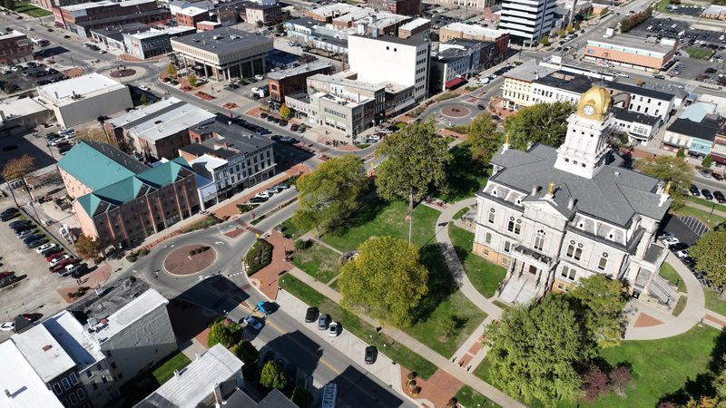 The Licking County Courthouse square now includes the remodeled Sullivan Building, which is on the square in the middle of this drone photograph. Members of the Licking County community gathered to dedicate the Sullivan Building in downtown Newark, Ohio on Oct 27, 2025. Designed by renowned Chicago architect Louis Sullivan, the building opened in 1915 as the Home Building Association Company. The building has undergone a $14 million renovation that took 11 years.