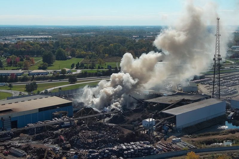 Fire crews work to extinguish a fire at Columbus Auto Shredding on 2181 Alum Creek Dr. on the city's Southeast Side on Oct. 28, 2025.