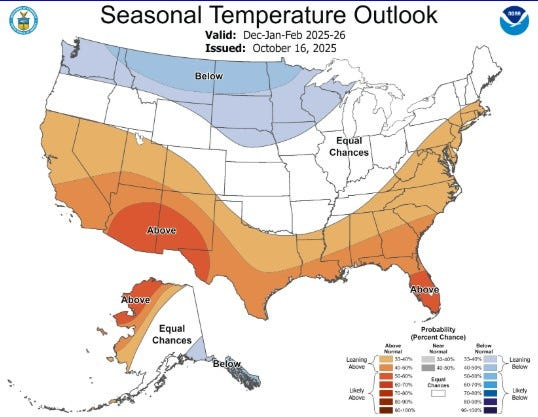 National Oceanic and Atmospheric Administration December, January and February winter temperature forecast for Ohio and the rest of the United States.