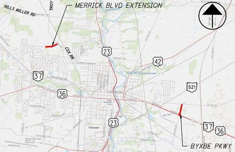 A map shows the city of Delaware is planning to extend Merrick Boulevard from Cambridge Road east to Troy Road and Byxbe Parkway from Bowtown Road south to U.S. 36/State Route 37 at Glenn Road