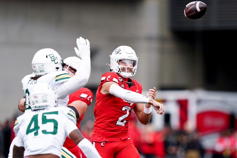 Cincinnati Bearcats quarterback Brendan Sorsby (2) throws a pass in the first quarter of a NCAA menâ€™s football game between the Cincinnati Bearcats and Baylor Bears, Saturday, Oct. 25, 2025, at Nippert Stadium in Cincinnati.