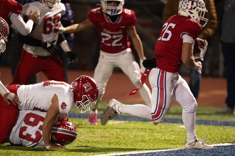 Talawanda running back Lance Cantrell (26) scores a touchdown in the third quarter of the OHSAA football game between Goshen and Talawanda at Talawanda High School in Oxford, Ohio, on Oct. 31, 2025.
