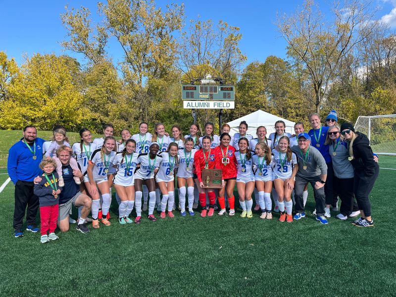 The Summit Country Day girls soccer team celebrates their OHSAA Division IV regional championship win over Indian Hill on Nov. 1, 2025 at Wright State University.
