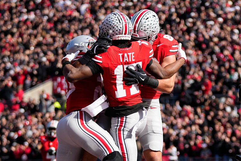Ohio State Buckeyes wide receiver Carnell Tate (17) celebrates a touchdown during the NCAA football game against the Penn State Nittany Lions at Ohio Stadium in Columbus on Nov. 1, 2025.
