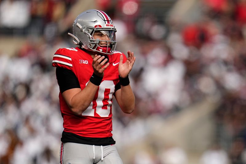 Ohio State Buckeyes quarterback Julian Sayin (10) celebrates during the NCAA football game against the Penn State Nittany Lions at Ohio Stadium in Columbus on Nov. 1, 2025.